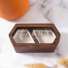 1pc Personalized Wooden Double Slot Ring Box, Valentine's Day Gift, Wedding Decor, Customized Ring Holder, Engagement Wedding Ceremony Ring Box ,Closet Organizers And Storage - Brown - View 6