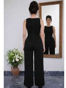 Santissue Polyester Jumpsuit, Wide-Leg, Office Style, Summer, Boat Neck - Black - View 2