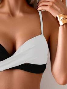 Bộ bikini hai mảnh màu trơn mùa hè, gợi cảm, thanh lịch, phong cách Bohemian, dây mảnh, thích hợp cho kỳ nghỉ biển. - Đen và trắng - Xem 6