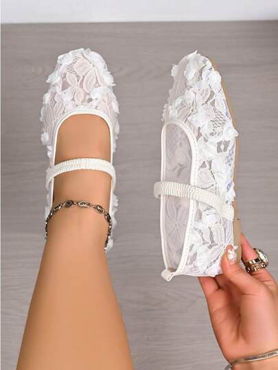 Plus Size Women Wide Width Floral Lace Patchwork Rose Flower Breathable Hollow Mesh Flat Mary Jane Shoes, Comfortable Versatile Slip-On Soft Non-Slip Ballet Flats Suitable For Commuting, Outdoor, Vacation, Women's Day, Mother's Day