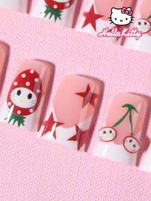 Sanrio 三丽鸥Hello Kitty 24片装中号鸭子3D凝胶白色法式美甲贴片，饰有3D Hello Kitty、星星、樱桃和草莓图案，粉嫩少女风，完美贴合亚克力假指甲套装，包含：1片果冻胶和1个指甲锉，Hello Kitty情人节美甲，适合女性和女孩日常及派对使用。 - 彩色 - 查看 3
