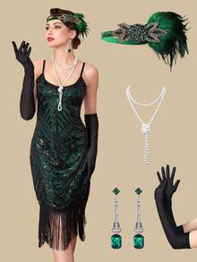 1920s Flapper Dresses For Women, Great Gatsby Costumes With Fringe With Accessories Set - Green - View 1