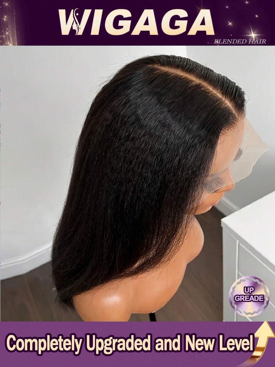 34inches Natural Black Kinky Straight 13x4 Lace Front Wigs HD Human Blended Hair With Curly Baby Hair For Woman 200% Density Pre Plucked Italian Yaki Lace Front Human Blended Hair Wigs Kinky Edges Hairline Natural Hairline 8-36 Inches - Natural & Black - View 1