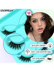 Lightweight European-Style Lashes, 3D Multi-Layered Stereoscopic Cat Eye Lashes, Natural Thick Mixed-Blood False Eyelashes, Realistic Full-Strip False Lashes. Long-Lasting Curl. Popular Cosmetic Item, Suitable For Christmas And Halloween Events. - Black - View 2