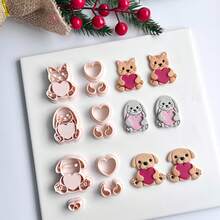 3/4件套情人节动物造型饼干模具，包括猫、狗、兔子和心形软陶切割模具，可用于DIY耳环，软陶工具，适合制作情人节礼物 - 杏色 - 查看 3