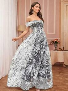 Women's Elegant Off-Shoulder Sheer A-Line Maxi Party Dress, White Floral Print - Grey - View 4
