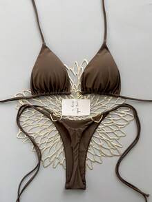 Bộ bikini nữ gợi cảm hở lưng, buộc dây phía trước, đính vòng kim loại, màu trơn, thích hợp cho kỳ nghỉ hè ở bãi biển. - Cà phê nâu - Xem 2