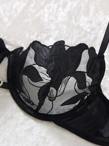 3套（6件）女士舒适柔软刺绣百合花心形图案文胸内裤套装，彩色支撑无缝文胸和丁字裤，家居服风格露脐上衣和丁字裤 - 黑色 - 查看 6