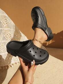 Lightweight Black Perforated Slip-On Thick Sole EVA Clogs - Black - View 2