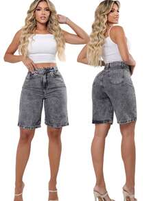 Women's Jorts Black Denim Bermuda Shorts, 100% Cotton, High Waist, No Lycra, Mid-Thigh Length, Marbled, Cycling Style, Boho Style, Casual, Sexy, Cute, Cotton, Zipper, Pocket, Button, Women's Denim Clothing, Nightwear, Holidays, Vacation, Daily Wear, Home Wear, ALL - 黑色石墨 Lisa 060-D - 查看 2