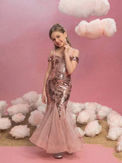  ALISA&LEO 女童亮片美人鱼落地长裙露肩薄纱礼服，适合婚礼、花童、生日派对、晚宴、舞会等场合
