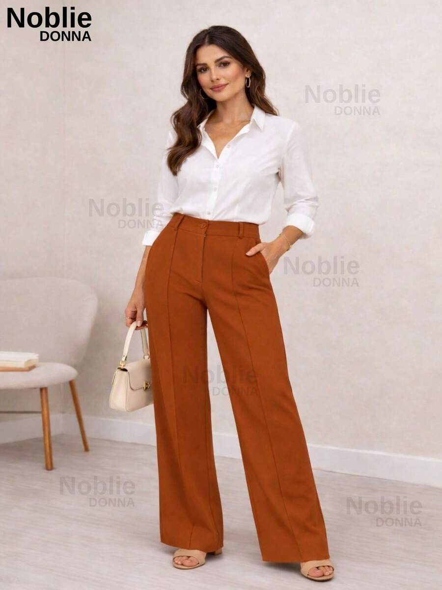 Women's Tailored Dress Pants, Wide Leg, With Zipper, Pockets, And Button, For Office Use. - Terracotta - View 1