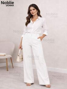 Women's Tailored Dress Pants, Wide Leg, With Zipper, Pockets, And Button, For Office Use. - White - View 3
