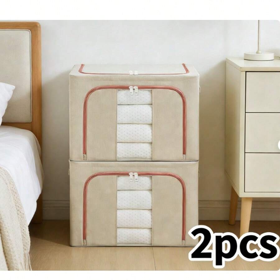 66/100L Stackable Clothes Storage Bins With Metal Frame Handles & Zipper, Collapsible Closet Organizer Box With Lid For Bedding Blankets Towel 2PCS - Màu Khaki - Xem 1