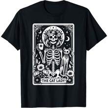 180GSM Pure Cotton Printed T Shirt The Cat Lady Tarot Cards Skeleton Coffee Cat Tarot Card Design Breathable Cotton Fabric Comfortable And Soft Knit Texture Durable And Easy To Clean Machine Washable Ideal For Occult Cat Ladies - 黑色 - 查看 1