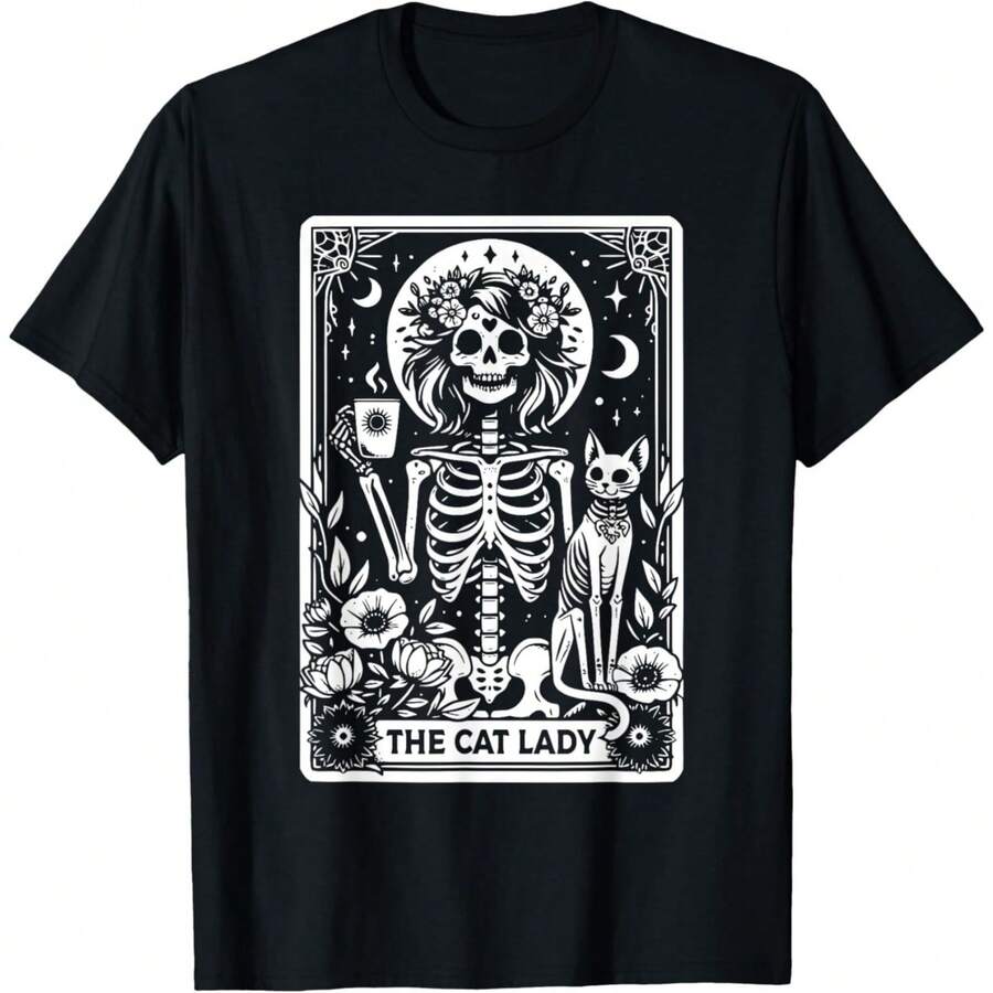 180GSM Pure Cotton Printed T Shirt The Cat Lady Tarot Cards Skeleton Coffee Cat Tarot Card Design Breathable Cotton Fabric Comfortable And Soft Knit Texture Durable And Easy To Clean Machine Washable Ideal For Occult Cat Ladies - 黑色 - 查看 1