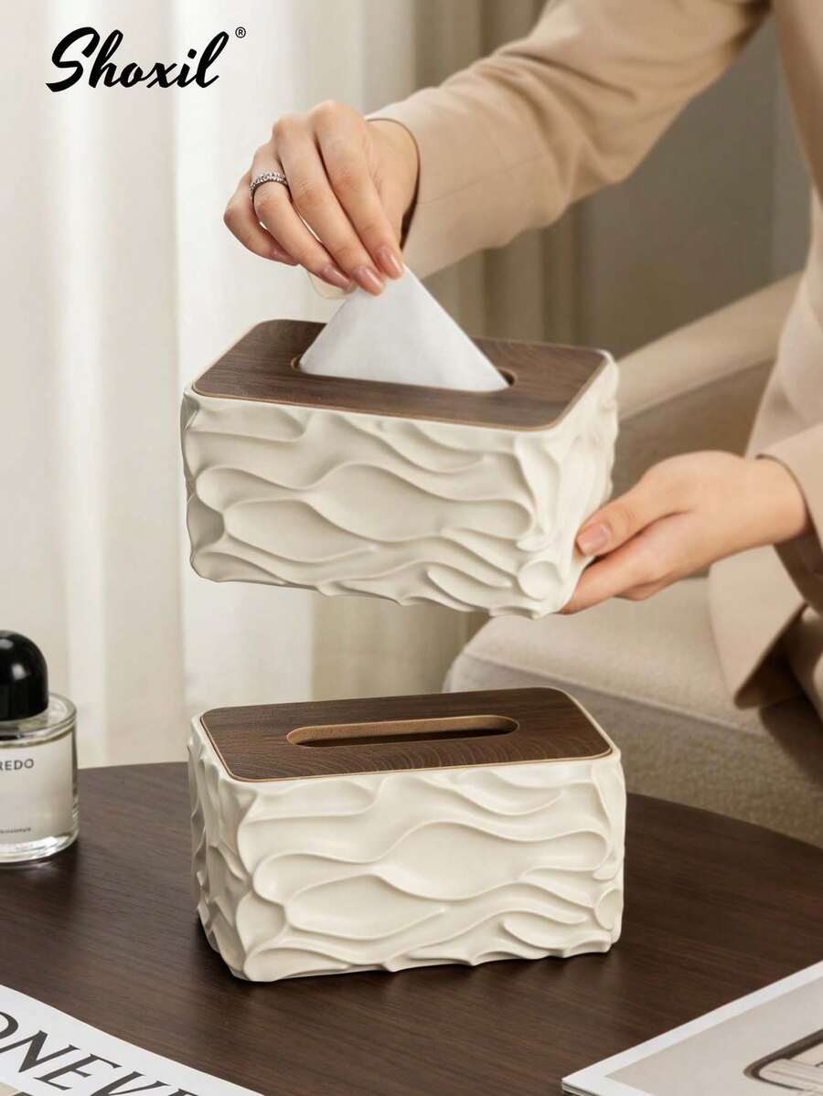 shoxil 1pc Cream-Colored Tissue Box, Wavy Surface Design And Wooden Box LidCan, Be Used As A Desktop Tissue Holder Or A Bathroom Tissue Box. Making It Suitable As Both A Bathroom Decor Item And An Ideal Gift For Holidays And Housewarming. Suitable For Home Decor, It Can Be Used In The Bathroom, Living Room, And Office - Tissue Box - View 1