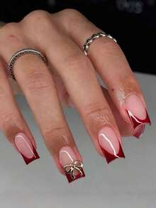 24pcs Medium Square French Tip Nail Stickers, White Color With Rhinestone Bow Decor, Luxury Full Coverage, Suitable For Women & Girls Nails, Charm Dates, Office, Home Parties Nail Supplies - Đỏ - Xem 2
