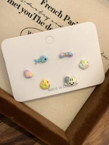 Conjunto de aretes con diseño geométrico de cachorrito y estrella - Multicolor - Ver 5