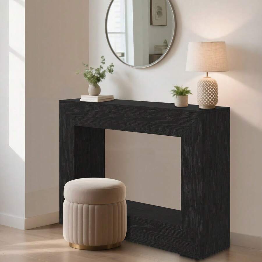 Mesa de Consola Estilo Rústico Granja 47 Pulgadas (119 cm) con Estantes Abiertos y Textura de Madera Natural para Entrada Salón o Dormitorio - Negro - Ver 1