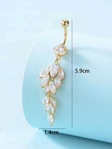 Minimalist Leaf Belly Button Ring With Long Zirconia Dangle (1pc) - Gold - View 3