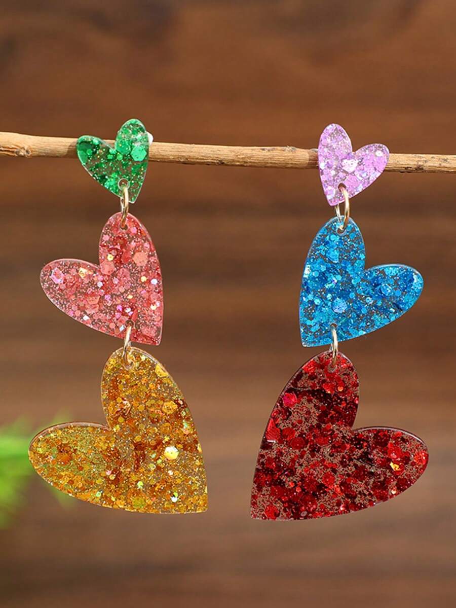 1 Pair Fashionable Colorful Glitter Oversized Acrylic Heart Earrings, Exaggerated Women's Valentine's Day Rainbow Heart Stud Earrings - Multicolor - View 1