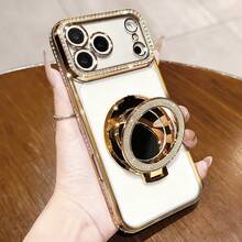 Luxury Shiny Rhinestone Lens Protect Plating Anti-Drop Case With Shiny Glitter Makeup Mirror Ring Holder Bracket Phone Case Compatible With IPhone 17ProMax 17Pro 17 16Promax 15 14 Plus 13 12 Pro Max 11 17Air Galaxy OPPO HONOR REDMI NOTE INFINIX High Quality Shockproof Bumper Back Cover - Gold - View 3