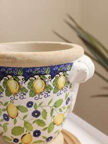 1个手工粗陶复古花盆 | 柠檬和花卉彩绘陶瓷碗，大直径深盆，适合悬挂植物和桌面景观摆放 - 彩色 - 查看 6