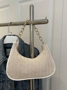 时尚金属链条手柄手提包，草编休闲新月形花朵纯色托特单肩包，女士 - 米色 - 查看 2