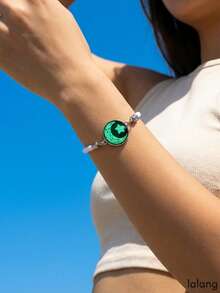 2pcs/Set Handmade Black & White Couple Bracelet Set, Moon & Star Glass Luminous Bracelet - Black and White - View 4