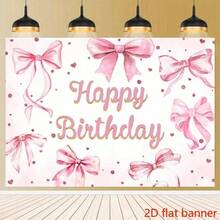 2D Flat Banner, Pink Bow Birthday Tapestry, Orange Background, Suitable For Bedroom, Living Room And Study Decoration. Easy To Install, Cute Style Home Wall Decor, Soft Texture. - Pink - View 8