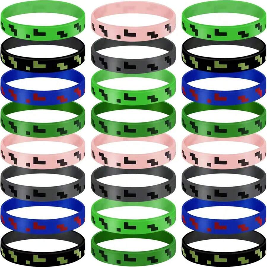 畅销装饰手环 - 我的世界像素硅胶手环 / 6条/12条/24条装 游戏主题硅胶手环（小号），生日装饰，派对用品，矿工彩罐，情人节礼物。适合作为游戏周边礼物。 - 彩色 - 查看 1