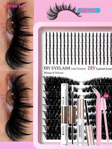 DIY Eyelash Extension Kit - Pointed Single Lashes, D-Curl Fluffy Lash Clusters, Manga Fairy Style - Pink - View 1