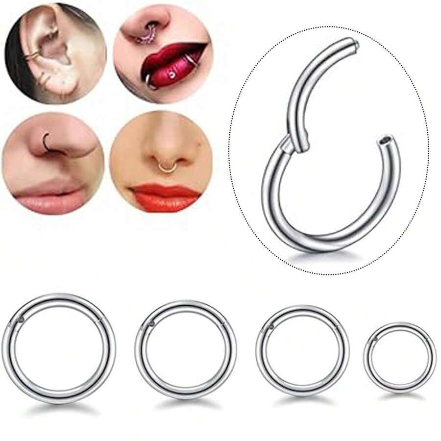 1/4 套装钛合金鼻环/鼻钉，低过敏性医用钢铰链式鼻环，耳环，耳骨环，耳夹，男女通用 - 唇環 - 查看 1