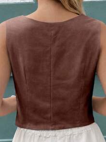 MICHELEE Elegant Women's Vest With V-Neck And Button Closure - Café integral - View 6