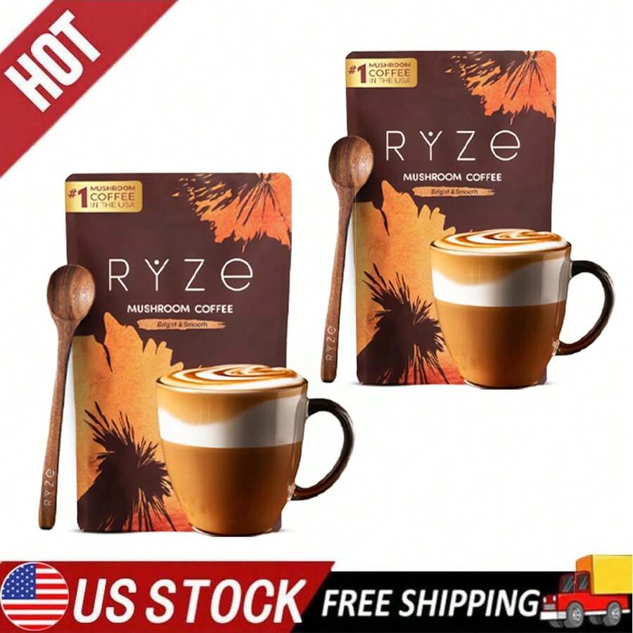 Mushroom Coffee USDA Organic With 6 Adaptogenic Mushrooms And MCT Oil, USA Grown Instant Coffee For Better Energy, Focus, Digestion, Immunity With Lions Mane & Turkey Tail, 30 Servings - 卡其色2 - 查看 1