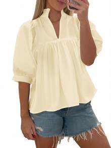 Women's Puff Sleeve V Neck Peplum Blouse Pleated Babydoll Loose Fit Casual Shirt - 米色 - 查看 4