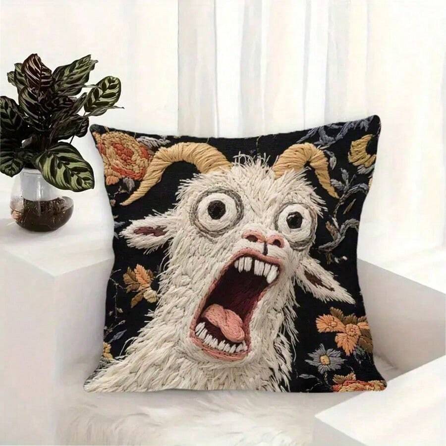 1 Funny Screaming Goat Pattern Pillowcase, 18x18 Inches Short Plush Pillowcase, Abstract Modern Animal Print, With Zipper Design, Suitable For Home Decoration | Party | Wedding | Lounge | Office, Christmas Exchange Gift, New Year's Spring Festival, Valentine's Day, Festival Decoration (Excluding Pillow) - 彩色 - 查看 1