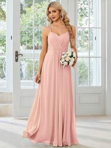 Vestido de dama de honor minimalista de unicolor con pliegues y espalda cruzada, boda rosa primaveral - Rosa - Ver 5