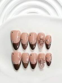 10pcs/Set Romantic Valentine's Day Handmade Nail Art Kit, Includes White Flower & Bow Decor, White & Red Gel Nails, French Polka Dot Stickers, Heart Painting, Silver Beads Embedded, 3 Sizes Available: Almond, Square, Coffin Shape, With Tool Set, Suitable For Sweet Ladies & Girls, Valentine's Day, Party, Daily Wear Handmade Press On Nails - 彩色 - 查看 3