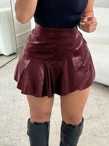 Jupe mini évasée en PU à volants avec fermeture éclair invisible sur le devant, sexy, pour le carnaval. Décontractée, vacances, rendez-vous, robe moulante pour l'été