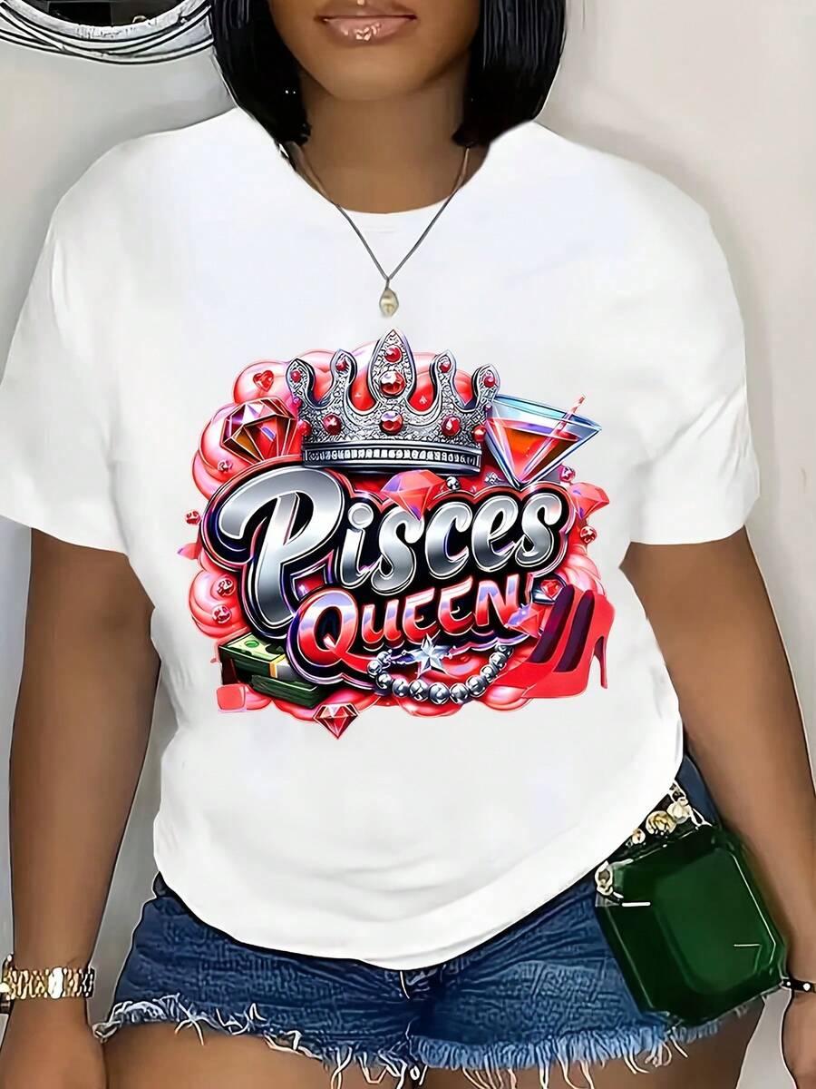 Pisces Queen Crown Zodiac Sign Graphic Shirt Women Fashion Statement Top Party Wear Astrology Gift For Pisces Woman, 220g - 白色 - 查看 1