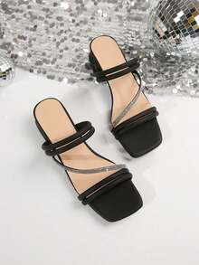 Summer New Fairy Style Square Toe Chunky Heel Sandals For Women, Versatile French Style Rhinestone High Heels For Outdoor Wear - Black - View 7