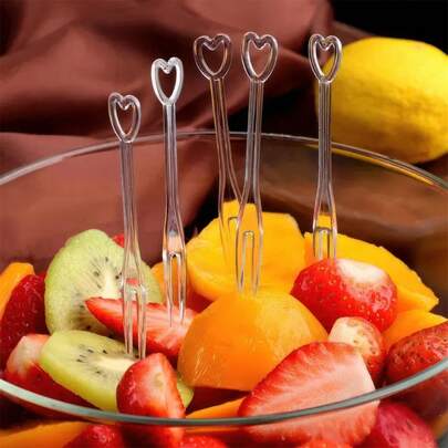 100/50pcs Transparent Heart-Shaped Fruit Forks, Dessert Forks, Double-Prong Appetizer Forks, Suitable For Wedding Party Fruit, Cake, Bar, Club, Restaurant, Home Use, Kitchen Tools, Kitchen Utensils, Kitchen Accessories, Household Kitchen Supplies