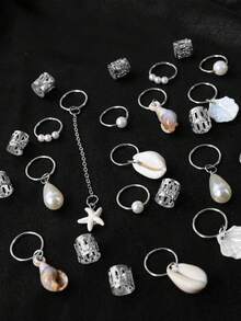 26pcs Women's Braided Hair Rings, Beach & Summer Vacation Braid Hair Clips, Starfish, Shell, Pearl, Fashion & Unique Hair Accessories For Photo Shooting