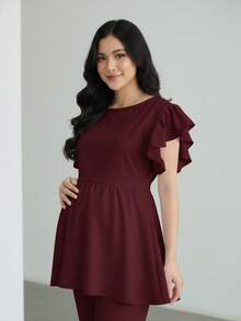 Sweet Microfiber Pleated Surgical Uniform For Maternity And Pregnancy - 酒紅色 - 查看 2