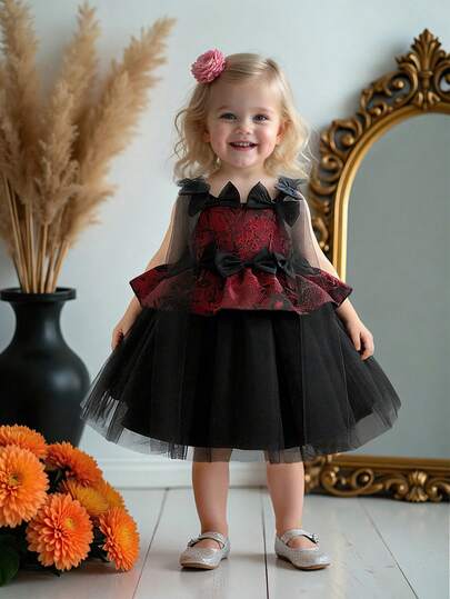 Baby Girls' Thick Strap Bow Jacquard Mesh Patchwork Cute Party Dress, Suitable For Flower Girl, Wedding, Birthday Celebration, Does Not Include Headband