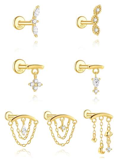 1Pc 925 Sterling Silver Exquisite Stars And Moons Tassels Cubic Zirconia Stud Earring Flat Back Cartilage Helix Piercing Suitable For Women For Daily, Dates, Vacation, Wedding, Party, Holiday Gift