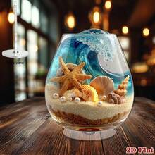 2D旋转亚克力桌面摆件，海浪、贝壳和海星设计 - 夏季假日海滨家居装饰，无需电源 - 彩色 - 查看 3