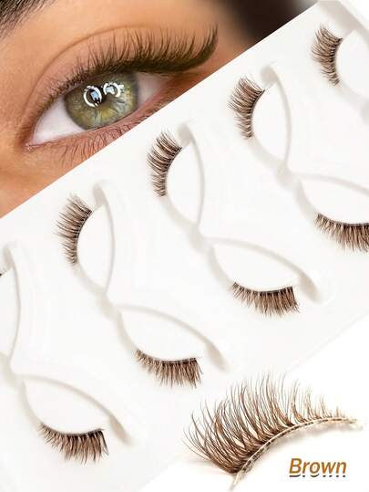 Rikuaild 5 Pairs Brown Half Eye Lashes Transparent Stem Natural Cat Eye Lash, 3D Short Soft Faux Mink Eyelash -Reusable Volume Extended Tail Eyelash Corner Eyelashes, 1 Box/2 Boxes Strip Lashes, Lashes, Eyelashes, Fake Lashes, Lashes Corner Eyelash, Suitable For Daily Wear And Evening